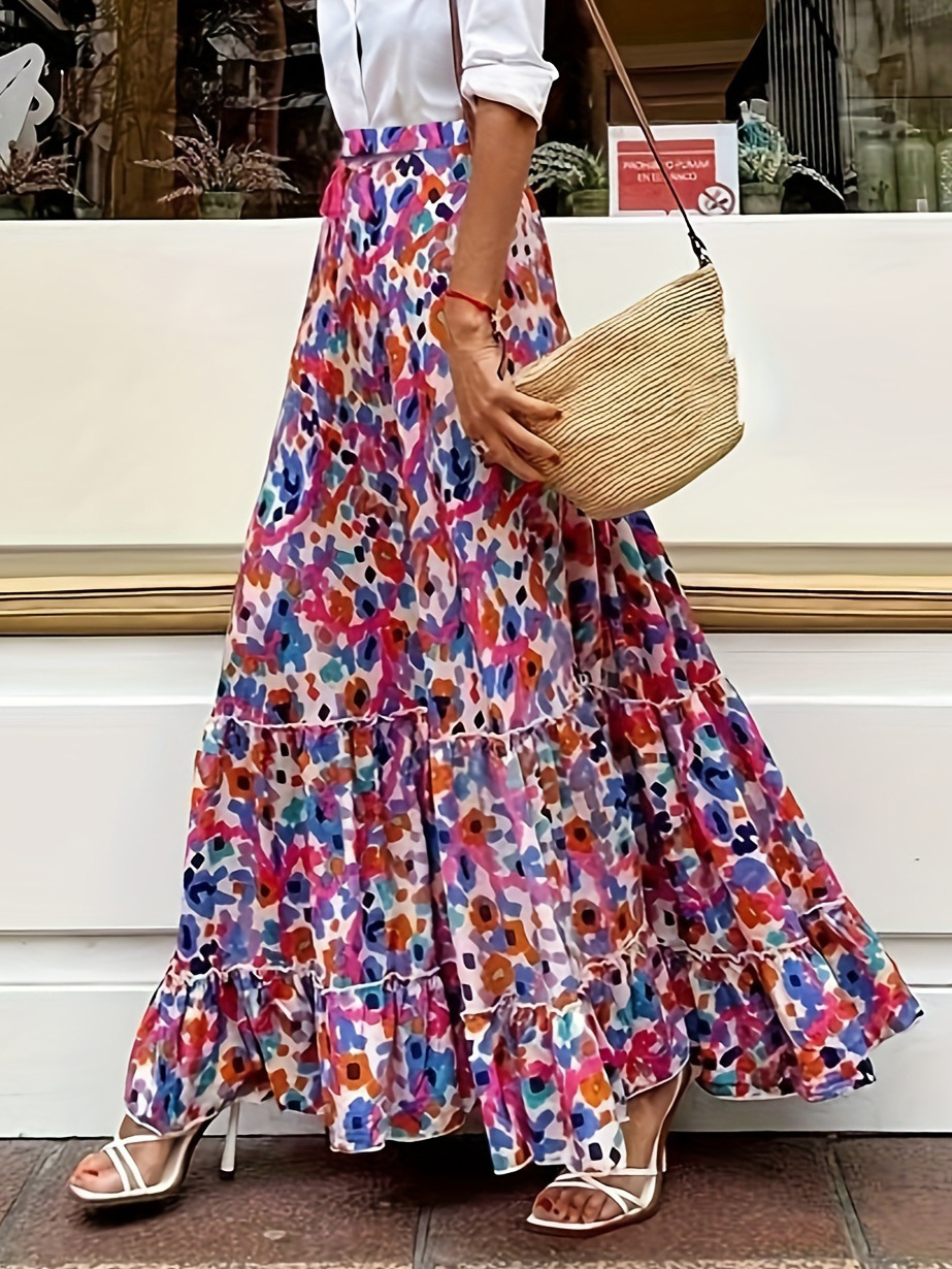 Boho Retro Floral Print Elastic Waist Pleated Casual Holiday Beach Skirt — image 3