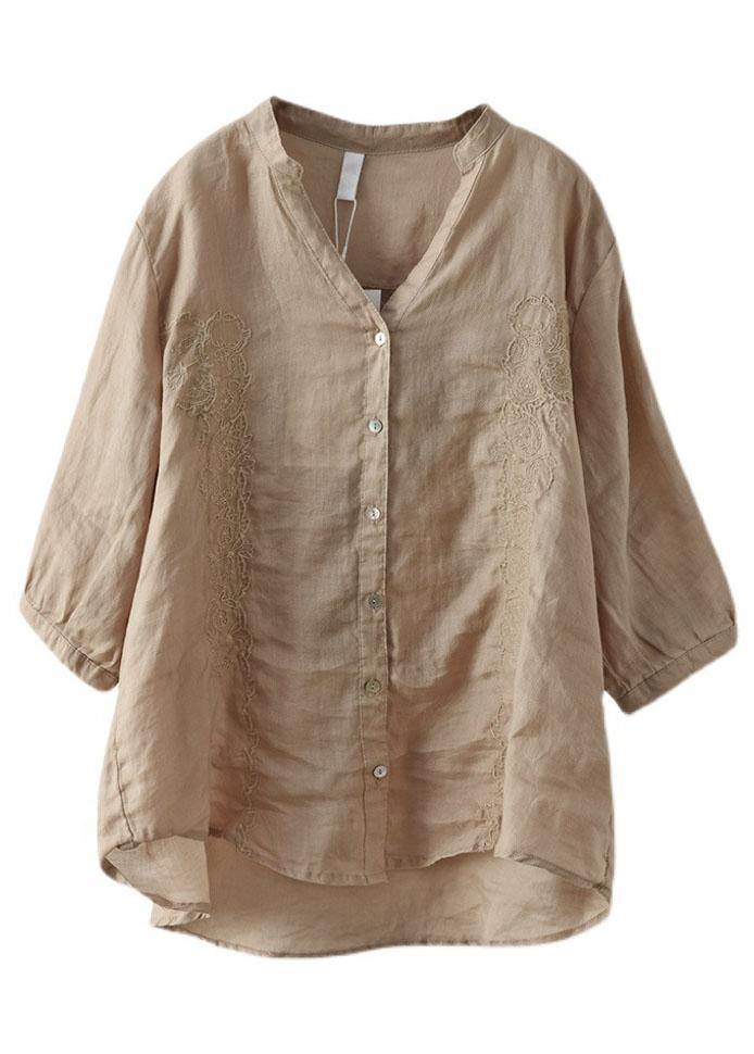 French Khaki Embroideried V Neck Ramie Blouse Top Summer — image 3