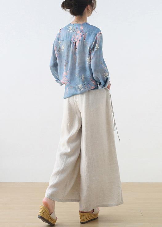 Handmade Beige Elastic Waist Wide Leg Linen Pants — image 4