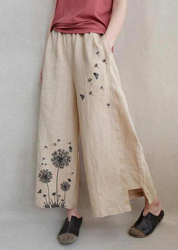Handmade Khaki Print Dandelion Wide Leg Pants Summer Cotton Linen — image 2