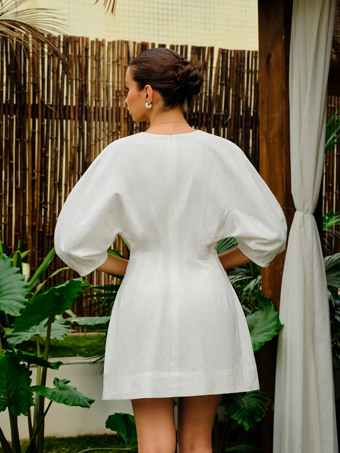 Cotton-Linen Blend V-Neck Puff Sleeve Dress — image 3