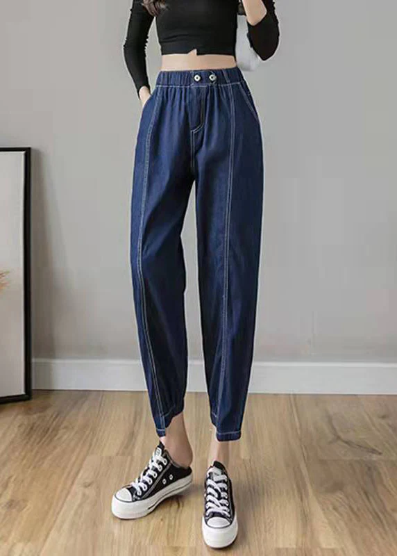 Italian Spring Casual Pants Stylish Denim Blue Photography Elastic Waist Patchwork Women Pants — image 3