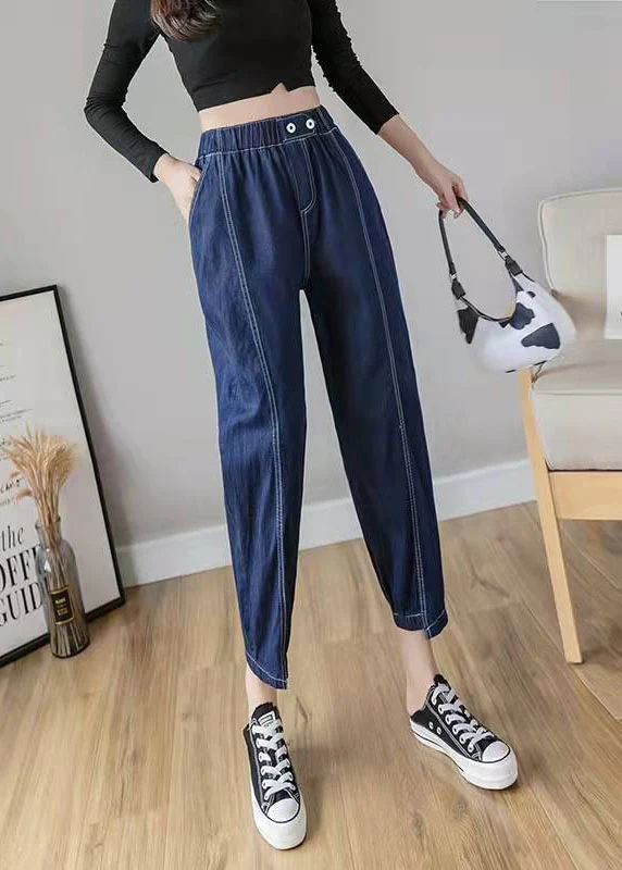 Italian Spring Casual Pants Stylish Denim Blue Photography Elastic Waist Patchwork Women Pants — image 4