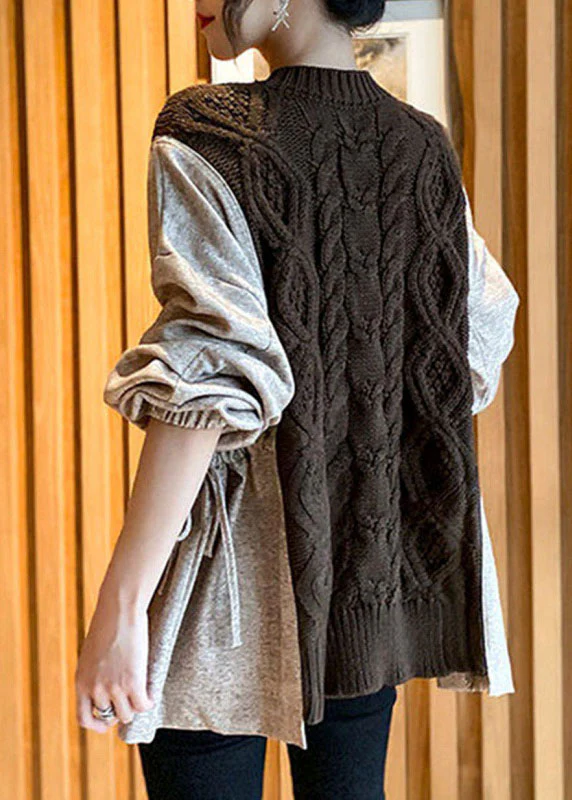 Natural Chocolate Patchwork Pockets Cinched Thick Fall Knit Sweater — image 2
