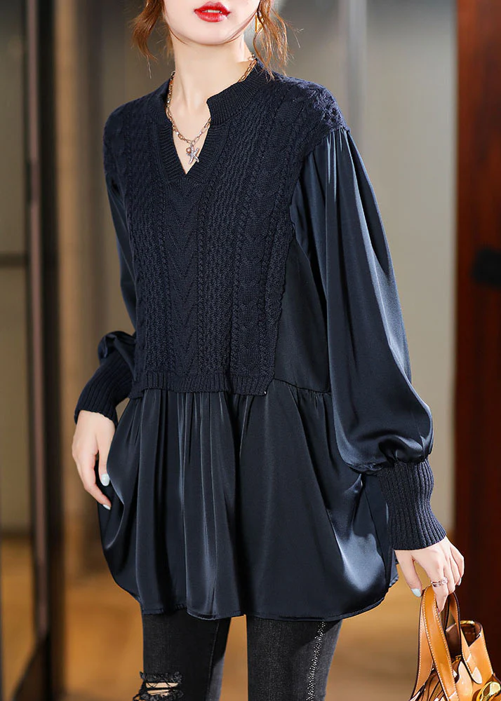 Navy Knit Blouses Puff Sleeve Winter Top — image 3