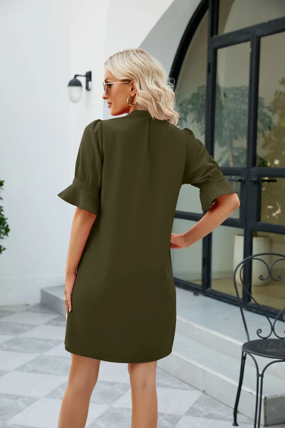 Notched Neck Flounce Sleeve Mini Dress — image 2