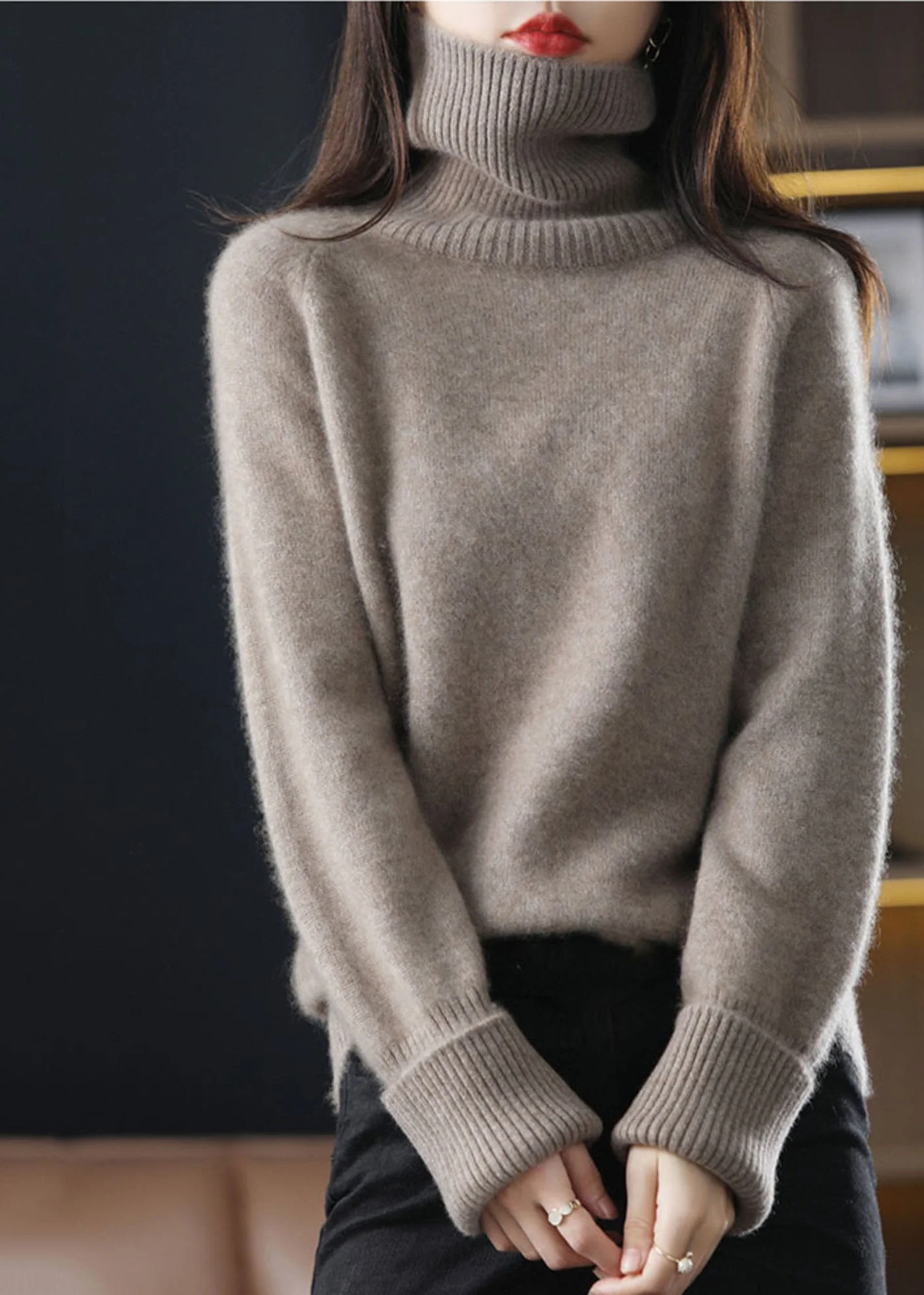 Unique Dark Camel High Neck Thick Cashmere Knit Sweater Tops Winter — image 3
