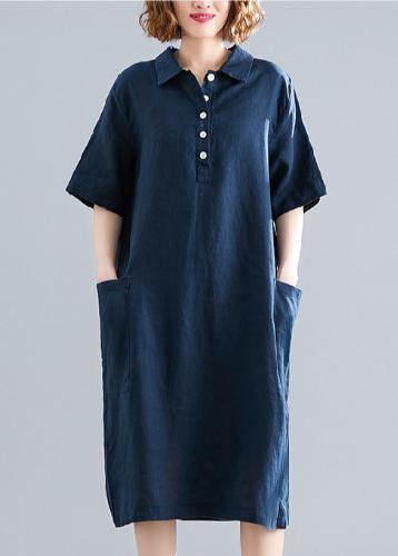 Women navy Cotton quilting clothes lapel pockets Plus Size Dress — image 2